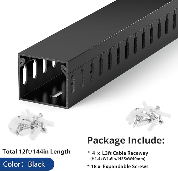 1.4"H x 1.6"W Cable Raceway, 12ft Under Desk Wire Management Channel, Black | Slotted Wire Duct, 4 Pack (3 ft Each), Heavy-Duty PVC Cable Management for Server Racks, Network Cables & Electrical Cabinets