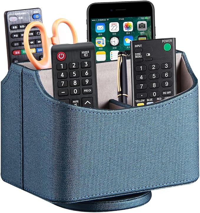 PUSU TV Remote Control Holder,PU Leather 360 Degree Rotatable Remote Caddy | Nightstand Organizer/Desk Storage Box for Media Play,Controllers,Stationery,iPad,Phone,Pen/Pencil Cosmetic,Office accessories