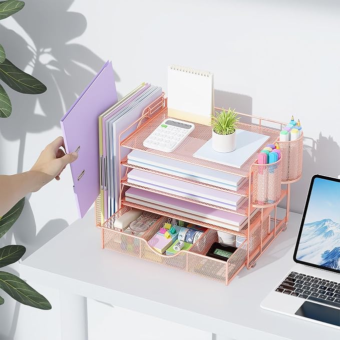 gianotter 5-Tier Desk Organizer with Drawers, File Holders, Letter Trays and Pen Holders - Workspace Accessories for Office Supplies (Rose Gold)