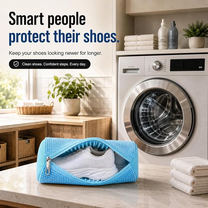 EPSCY Shoe Washing Machine Bags - Reusable Sneaker Laundry Shoe Bag with 360° Deep Clean Mesh - Self Locking Zipper, Noise Reduction Washing Bag Fits All Shoes Sizes and Types - Blue, Pack of 2