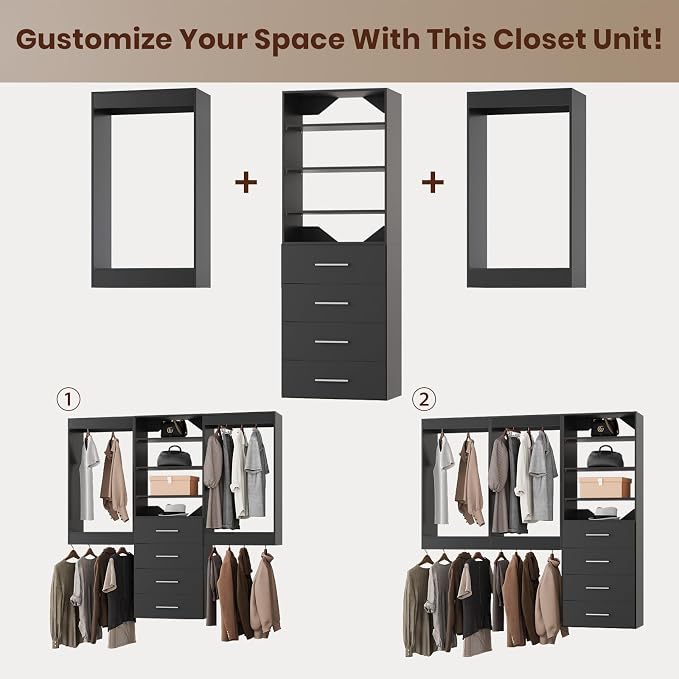 ROOMTEC Modular Closet System, 66" Wall-Mounted Closet Organizer with Drawers and Hanging Rods, Wooden Tower for Walk-In Closets, Wardrobe Storage Kit, Black