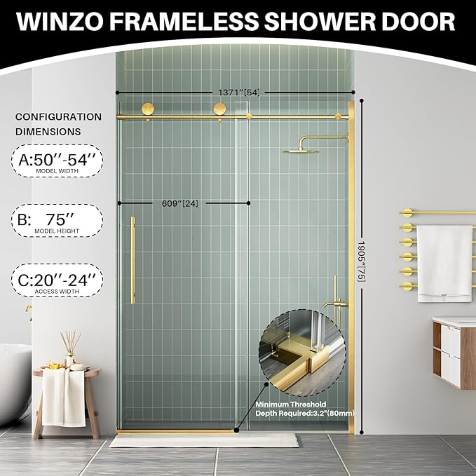 WinZo Frameless Shower Door 50-54 in W x 75 in H, Sliding Shower Door with 5/16"(8mm) Clear Tempered Glass Shower Door, Easy to Clean Bathroom, Silent Soft-Close Design, Brushed Gold