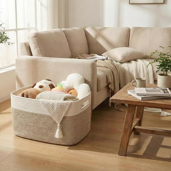 JMvicyroam Woven Blanket Basket,96L Large Storage Bin for Blankets Toys Clothes,Decorative Rope Basket for Living Room Bedroom with Handles, White&Oatmeal
