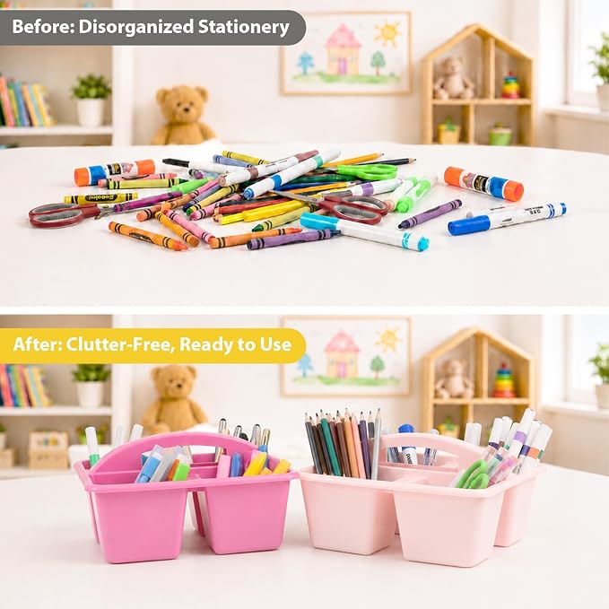 6 Pack Assorted Colors Classrooms Caddy 4 Compartment Classroom Caddy Compartment Caddies Set Table Caddies Classrooms with Handle for Classroom Organization Table Desk Office Supplies(Pink Purple)