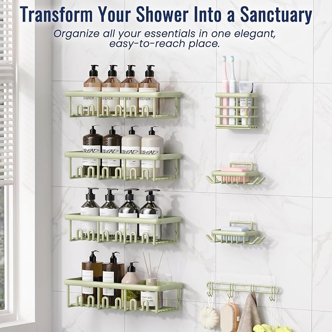 8 Pack Adhesive Rustproof Shower Caddy with Soap Dishes, Toothbrush Holder & Hooks, Large Capacity No-Drilling Shower Shelves Rack for Bathroom Organizers and Storage Accessories, Green