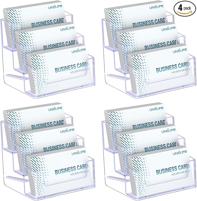 Uniclife 4 Pack Acrylic Business Card Holder for Desk 3 Slots Clear Business Card Display Stand for Men & Women Desktop Business Card Organizer Card Stand for Office Home Exhibition, 180 Card Capacity
