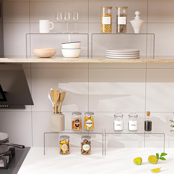 Aminigram 8 Packs Cabinet Organizer Shelf, Acrylic kitchen Cabinet Shelves, Shelf Riser for Dishes, Spices, Soda Cans and Bottles（12.4 x 4 x 4.6 inch）