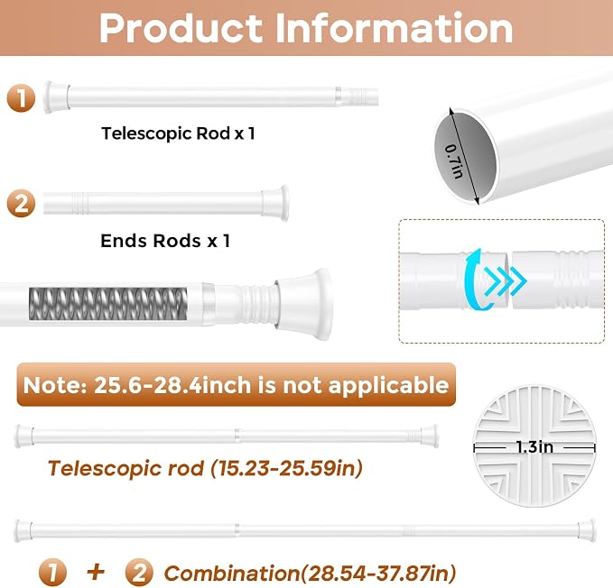 2 Pack Spring Tension Curtain Rods 16-36 Inches, Spring Loaded Curtain Rods No Drilling, Adjustable Expandable Tension Rod for Window Doorway Doorway Kitchen Curtain Bedroom Closet, White