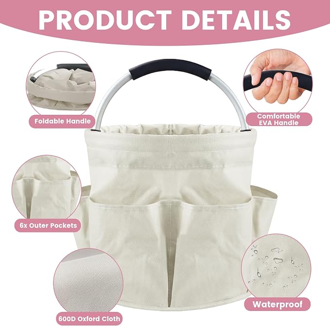 Cleaning Caddy with Handle, 17L Cleaning Supplies Organizer, Off-White | 600D Oxford Fabric Storage Basket with 6 Pockets, Multifunctional Bucket Bag for Picnics, Camping, Gardening, Bathing