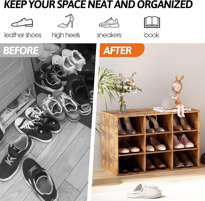 9-Cubby Shoe Rack, Wood Shoe Organizer Bench for Entryway Hallway Closet | Wood