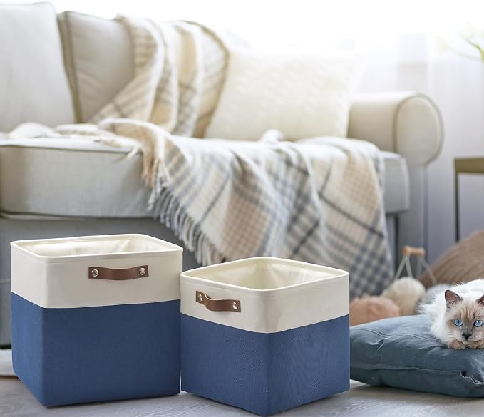 Patvingot Fabric Storage Cubes 13", 4 Pack, with PU Pull Handles,Foldable | For accessories on cube shelves or in closets; reinforced opening, pull-out access, folds flat when empty,white and blue