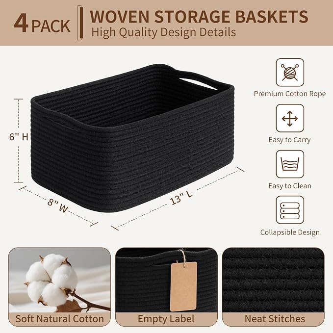 Goodpick 4 Pack Storage Baskets for Shelves, Rectangle Cotton Rope Baskets for Organizing, Closet Storage Bins for Baby Toys, Decorative Woven Basket with Handles, 13''L x 8''W x 6''H, Black
