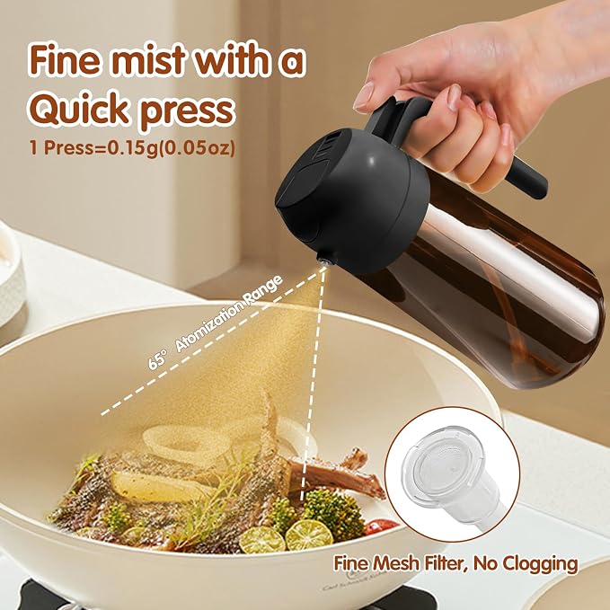 YARRAMATE 2PCS 16oz/470ml Oil Sprayer for Cooking with Stickers, Food-Grade 2 in 1 Olive Oil Dispenser Bottle for Kitchen, Premium Dark AmberGlass Oil Bottle for Air Fryer, BBQ (Black & Green)