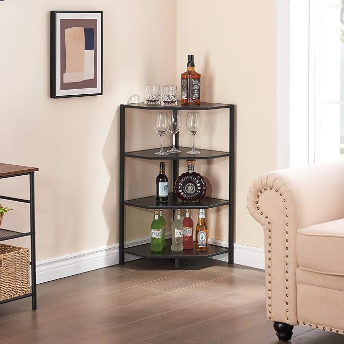 VECELO 31 Inch Corner Shelf, 4-Tier Display Shelves, Wood Storage Stand with Metal Frame, Multipurpose Shelving Unit for Small Space, Home Office, Black
