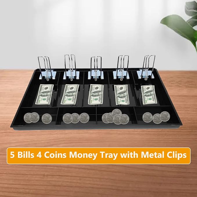 Money Tray Cash Register Drawer Insert Tray Portable Currency Till Replacement Money Organizer Storage Box with 5 Bills 4 Coins Compartments (5 Bills 4 Coins Metal Clip)