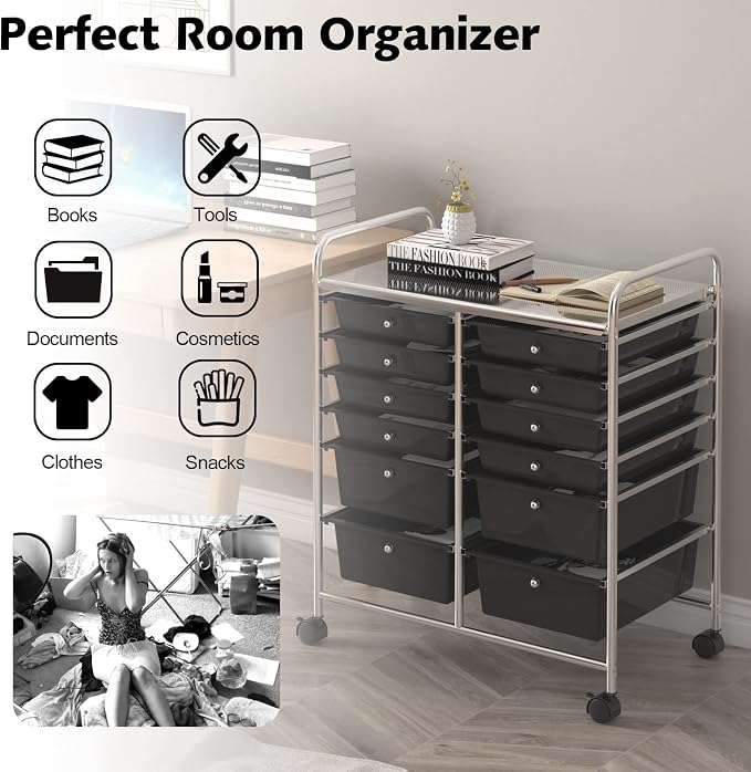 DREAMADE Rolling Cart with Storage Drawers, Utility Cart with Removable Plastic Drawers, Lockable Wheels, Art Cart for Classroom Organization Art Supplies Office Scrapbook (12 Drawers, Black)