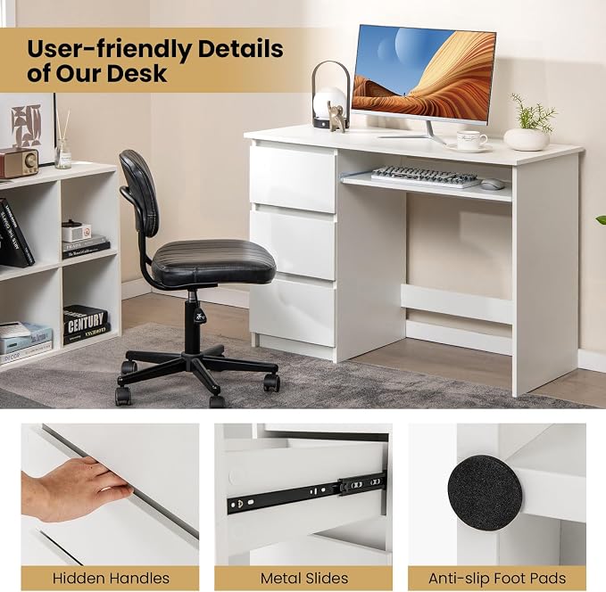 DREAMADE 42" Computer Desk with 3 Drawers and Keyboard Tray, White | Wood Study Desk with Storage, Built-in Charging Station & Slide Out Tray, Writing Table for Home Office Studyroom & Bedroom