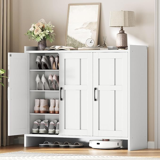 HOOBRO Shoe Cabinet for Entryway, 42.1" Large Shoe Storage Cabinet with 3 Doors, Adjustable Shelves Shoe Organizer for 16-20 Pairs, Freestanding Shoe Rack for Entryway, Hallway, Closet, White