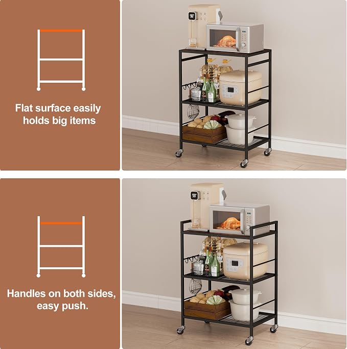 3-Tier Kitchen Cart with Adjustable Shelves - Microwave Storage Cart & Utility Rolling Organizer, Industrial Wheels for Small Spaces, 15.7"x23.6"x33.7" Kitchen Office Living Room Metal Rack