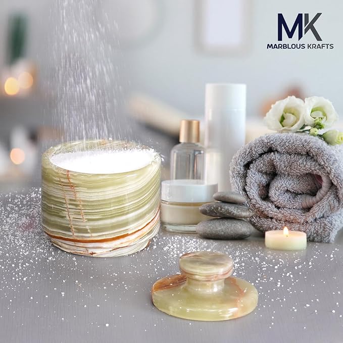 MARBLOUS KRAFTS Marble Salt Cellar with Lid 3" Green Onyx Stone Salt Holder for Counter & Stone Salt Container, Salt Dish, Salt Box & Spice Jar