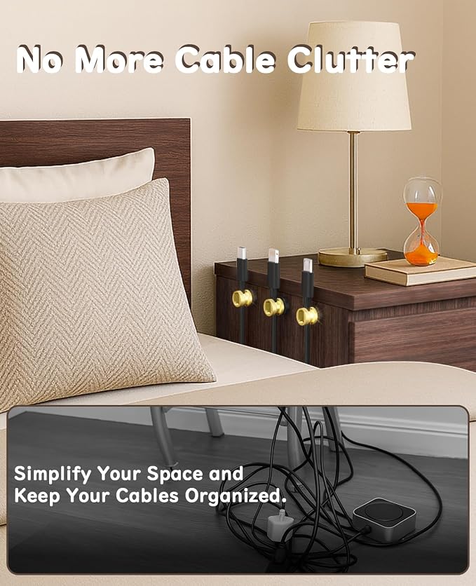 Maveek Magnetic Cord Clips 6 Pack, Wire Organizer Metal Cable Clips Adhesive Cable Management For USB Charging Cords, Desk Office Car Dash Cam Nightstand (Premium Gold Edition)