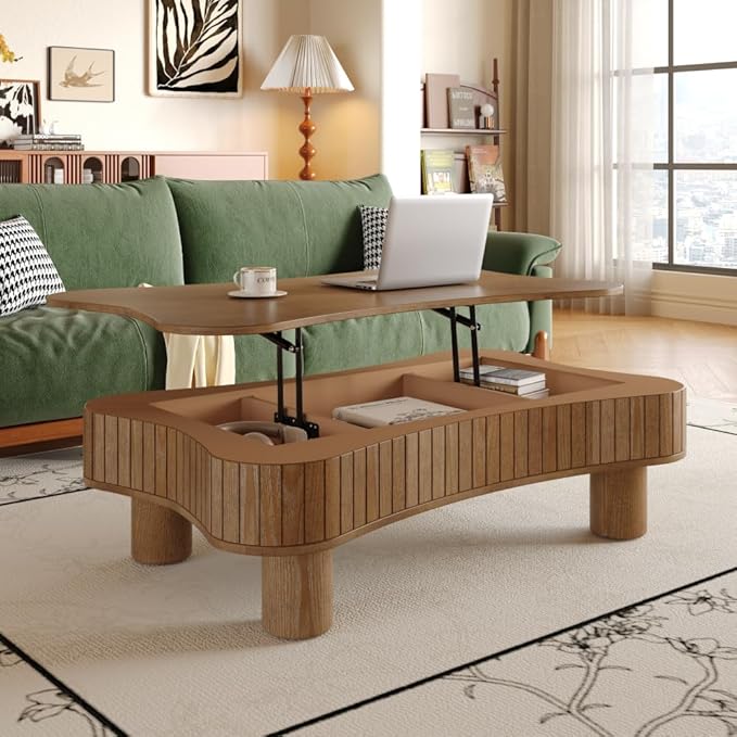 Lift Top Coffee Table with Hidden Storage Fluted Panel Silent Hydraulic Lift Curved Corners (Walnut)