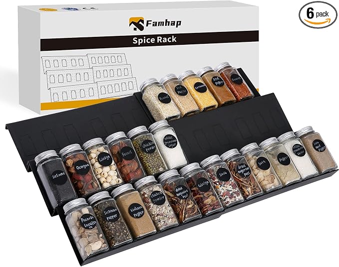 Famhap Spice Drawer Organizer Expandable 6 PCS for 11.6"-23.2" Wide Drawer | Durable Plastic, Slanted Seasoning Drawer Organizer, Use for Kitchen Spices Cosmetics