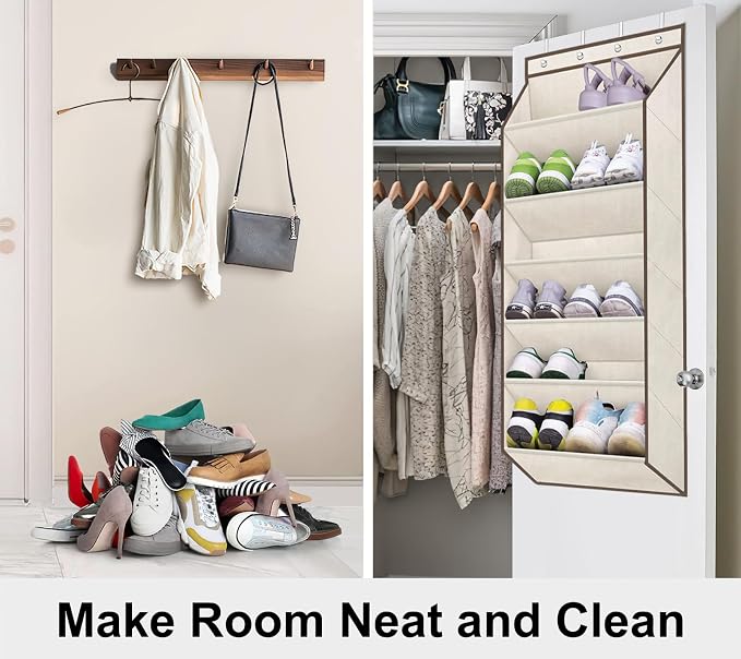 SLEEPING LAMB Over The Door Shoe Organizer for Closet with Large Deep Pockets, Narrow Shoe Rack for Door Hanging Boots Storage, Beige
