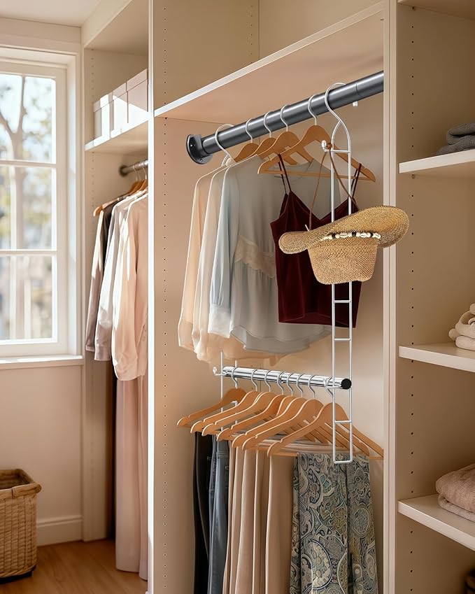 Supforce Hanging Closet Rod with Side Hooks, Adjustable Height & Width | Stainless Steel, Expand Closet Space, Adjustable Fit for Any Closet, 88 lb Heavy-Duty Capacity, Tool-free Install, 1 Pack