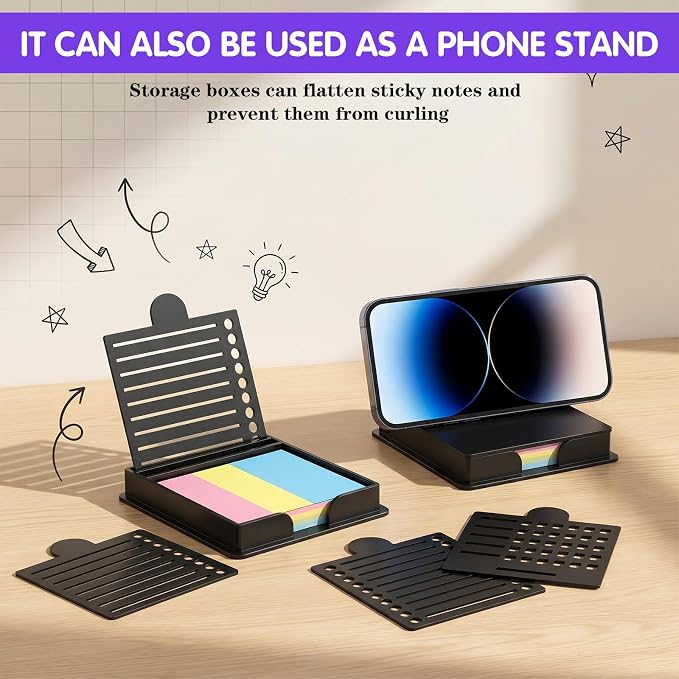 Sticky Note Holder with 5 Interchangeable Stencils, 3x3 Inch Sticky Note Stencil, Reusable Notes Organizer Case, Desk Versatile Notes Dispenser for Office Desk Home Organization Planning List