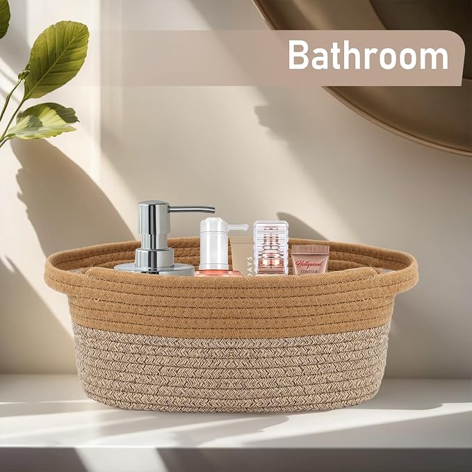 JMvicyroam Woven Basket,Small Rope Storage Bin with Handles & Ribbon Bag, Organizer for Shelves Closets,Gift Basket Empty for Birthday,Books,Dog Toys, Jute&Brown/2 Pack