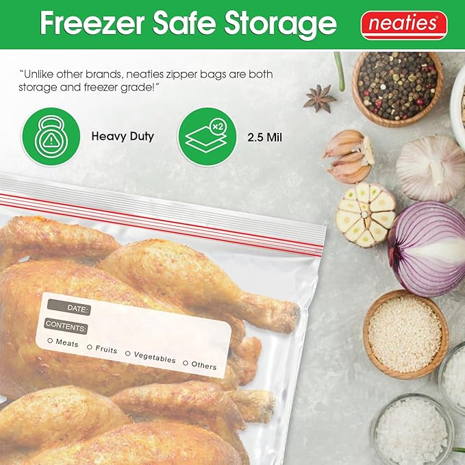 Neaties 5 Gallon Resealable Bags – Heavy Duty Jumbo Freezer Bags with Dual Zipper – 18x24" Extra Large with Writable Space for Kitchen or Home Storage – BPA-Free Food Grade Plastic – 14 Pack
