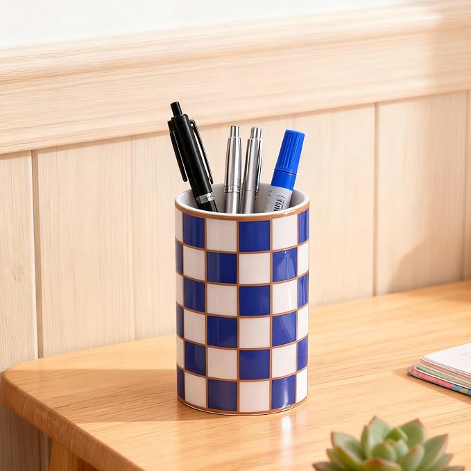 Ceramic Checkered Pen Holder For Desk,Cute Stand Black And White Pencil Cup,Durable Ceramic Pencil Cup, Decorative Makeup Brush Holder Cup, Stationery Holder for Office, School, Home (Blue)
