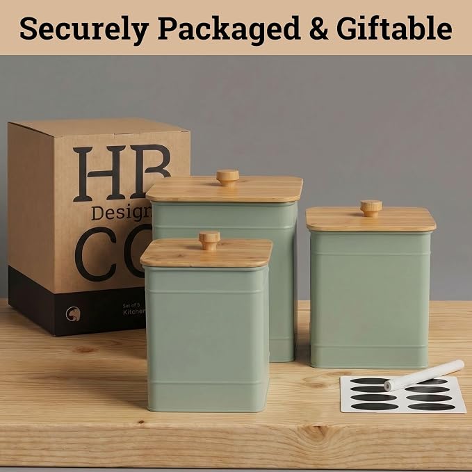 Kitchen Canisters for Countertop Set of 3 w/ Chalkboard Labels & Marker Pen | Airtight Easy Open Bamboo Lids, Dent-Resistant Thick Metal, Customizable Chalkboard Labels, Marker Pen Included, Set of 3