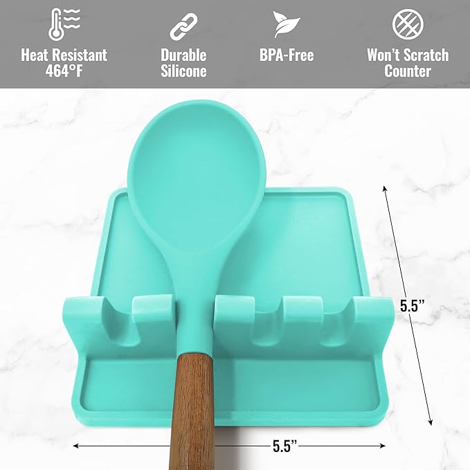 Zulay Kitchen Silicone Utensil Rest with Drip Pad for Multiple Utensils - BPA-Free, Heat-Resistant Spoon Rest & Spoon Holder for Stove Top - Kitchen Utensil Holder for Ladles & Tongs - Aqua