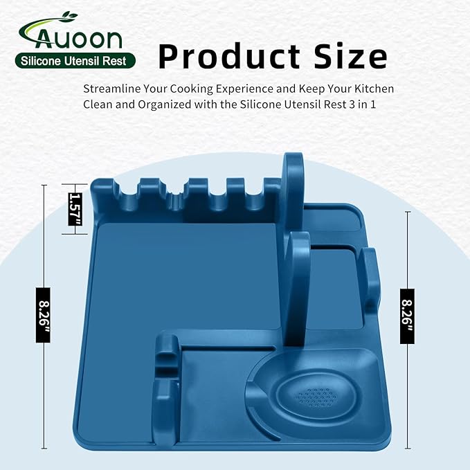 Auoon Silicone Spoon Rest with Lid Holder, 3-in-1 Kitchen Utensil Rest for Soup Ladles, Pot Lids, Spatulas, Spoons, Tongs, BPA Free & Dishwasher Safe, 8.26 x 8.06 Inch (Fog Blue, Large)