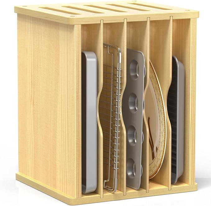 6 Tier Wooden Tray Dividers for Cabinets, Cookie Sheet Organizer for Cabinet, Vertical Tray Dividers for Storing pans, Baking trays, Cutting Board