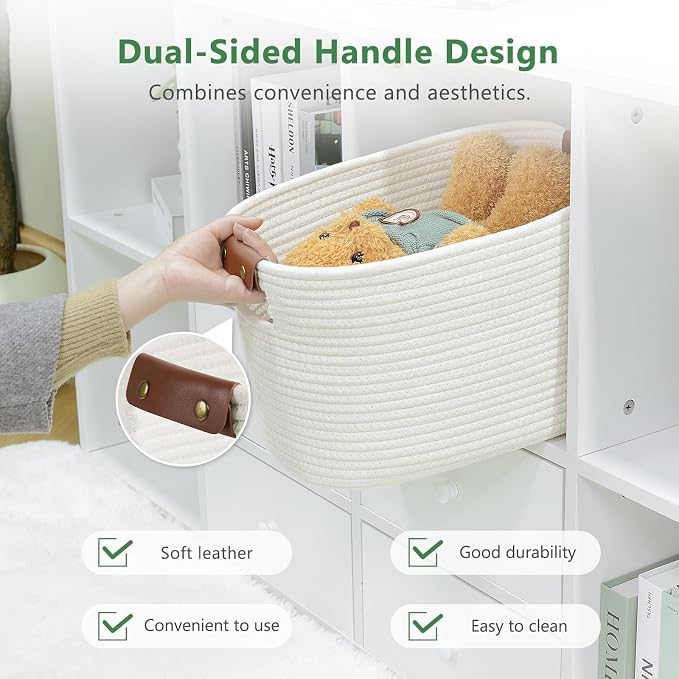 ECDYQXVU 15x10x9 Woven Cotton Rope Storage Basket, Leather Handles 2 Pack | Foldable Design, Sturdy PU Handles, Easy to Clean Organizer for Living Room, Closet, Shelves, Bedroom, Laundry, Clothes