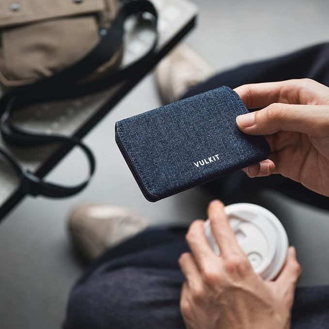 VULKIT Slim Minimalist Card Holder RFID Blocking Leather Credit Card Holder Front Pocket Wallet Magnetic Closure, Denim Blue