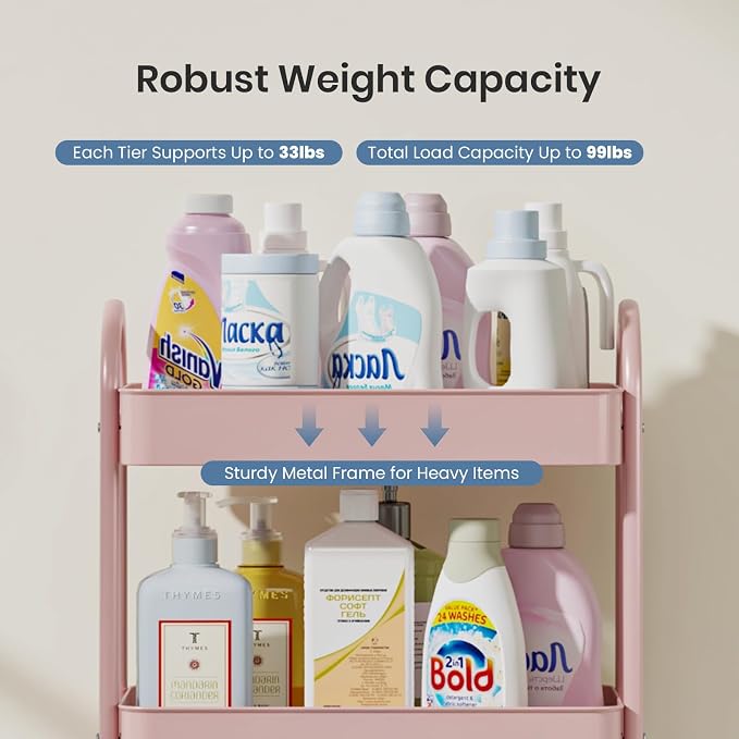 DUMOS 4 Tiers Rolling Utility Cart, Storage Organizer, Shelving Unit | Metal, Lockable Wheels, Mobile, Kitchen, Bathroom, Laundry, Narrow Places, Pink