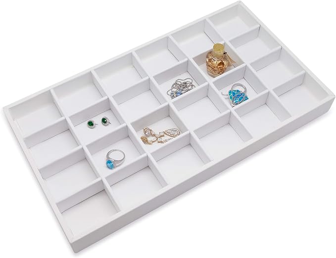 The Display Guys - Stackable Jewelry Tray and Organizer - for Drawers, Dressers, Store Display (24 Compartments, White Leatherette)