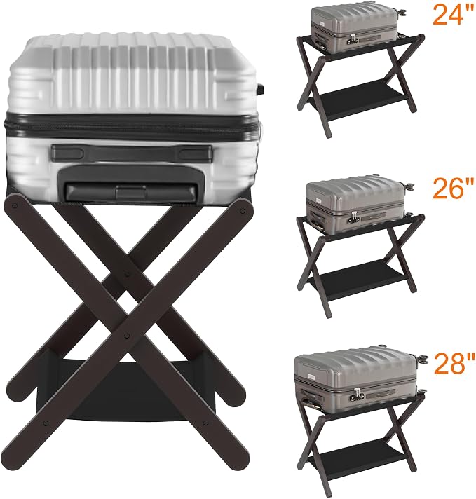Heybly Luggage Rack, Folding Suitcase Stand with Storage Shelf, Heavy-Duty Luggage Holder for Guest Room Bedroom Hotel, Holds up to 165 lb, Black, HLR010Z1
