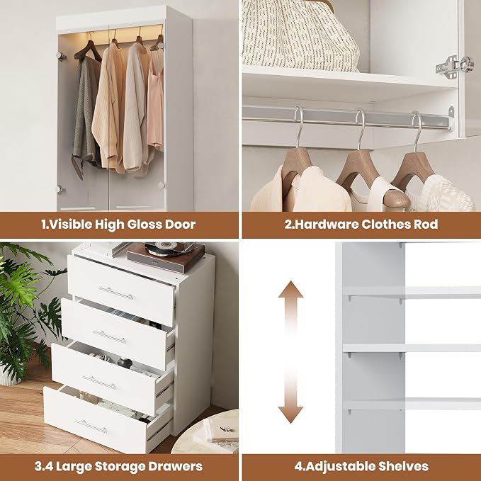ROOMTEC 31.5" Shoe Shlef Tower Wardrobe Closet with Clear Glass Doors, Wall Mounted Modular Closet System, Clothes Storage Unit for Bedroom or Walk-in Closet, White