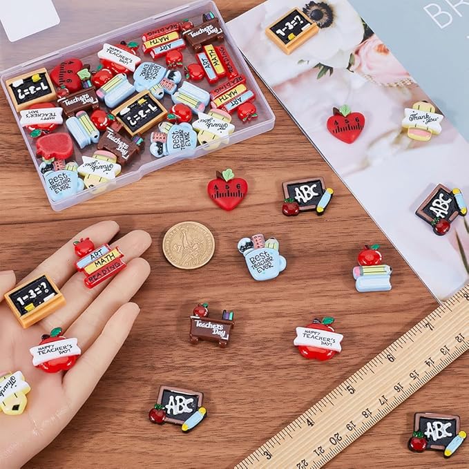 SUNNYCLUE 1 Box 40Pcs Teacher's Day Charms Flatback School Resin Cabochons Best Teacher Students Charm Chalkboard Red Apple Fruit Books Pencils Cabochon for Jewelry Making Scrapbooking Embellishments