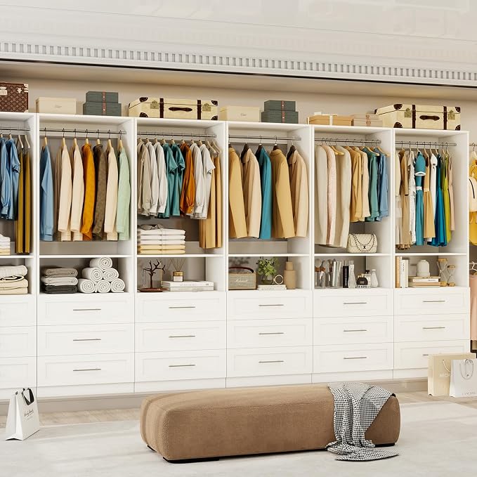 Closet System of 2 Sets, 4FT-10FT Closet Organize System with 6 Wooden Drawers, 4 Hanging Rods & Shelves, Walk in Closet System Storage, Modular Closet System, White(4FT)