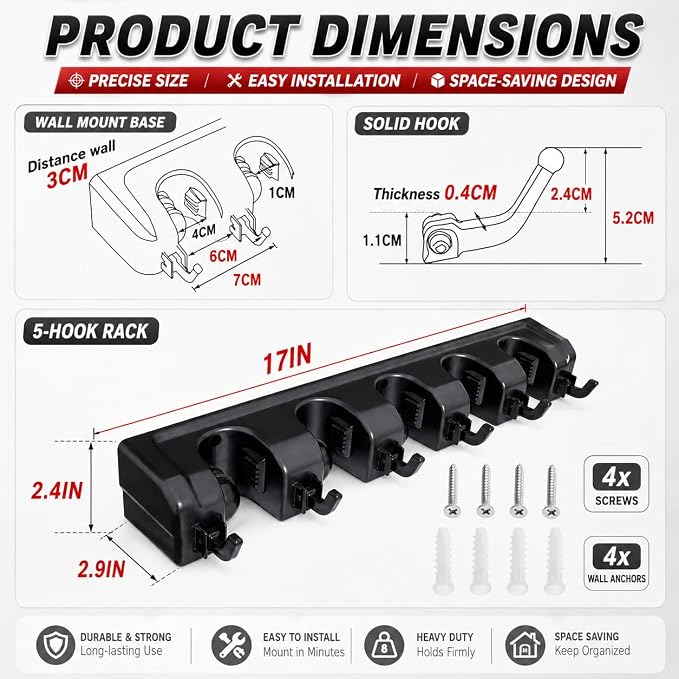 HYRIXDIRECT Broom Hanger Wall Mount, Broom Mop Organizer for Garage | 5 slots, 6 hooks, 7.5 lbs/slot, heavy-duty, space-saving, fits long-handled tools, mops, rakes, shovels, garage, shed
