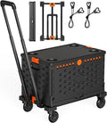 Folding Hand Truck Collapsible Crate Set, No Assembly Required 2 in 1 Utility Portable Rolling Crate Handcart with 4 Big Wheels & 2 Elastic Ropes & Removable Storage Crates (3.54 inches Wheels)