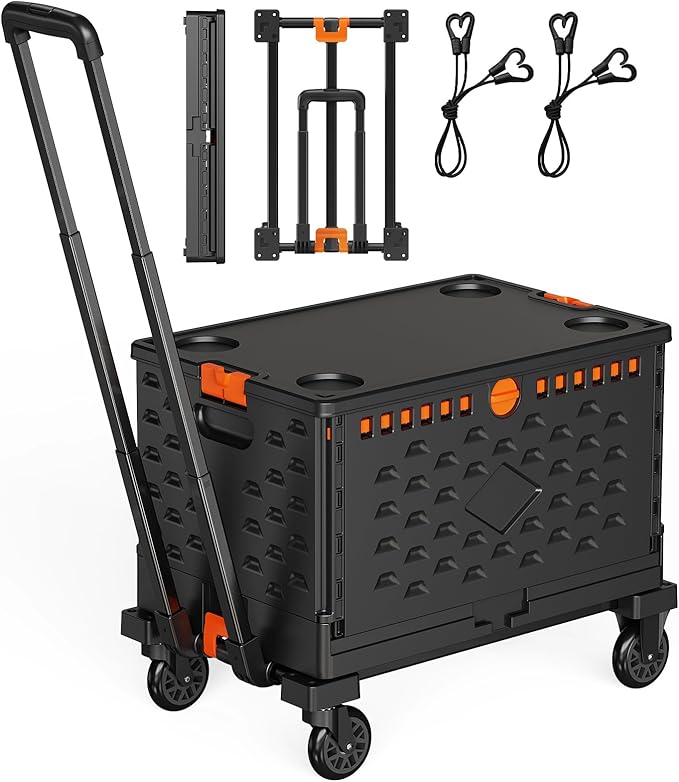 Folding Hand Truck Collapsible Crate Set, No Assembly Required 2 in 1 Utility Portable Rolling Crate Handcart with 4 Big Wheels & 2 Elastic Ropes & Removable Storage Crates (3.54 inches Wheels)