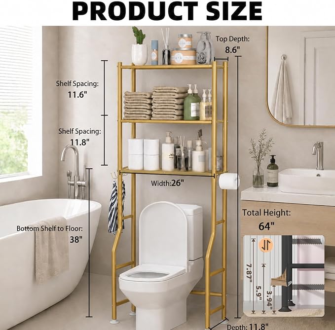 GloTika 3-Tier Over Toilet Storage with Anti-Tilt Safety System - 150lb Total Capacity Metal Bathroom Shelves Including Paper Holder & 4 Hooks, Space Saving Above Commode Organizer (64" H, Gold)