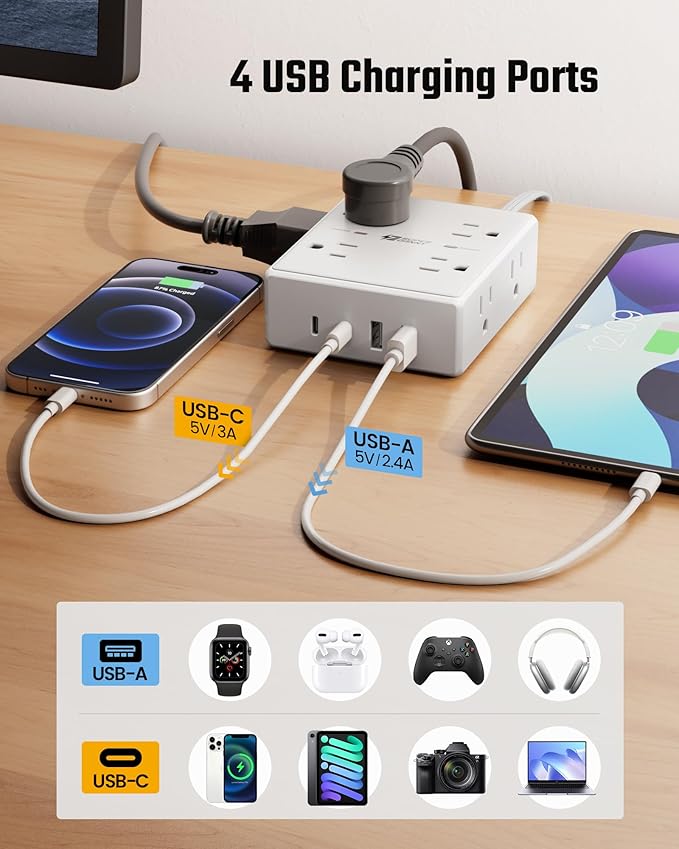 SUPERDANNY Extension Cord,Flat Plug Surge Protector Power Strip,25Ft | 8 AC & 4 USB Ports (2 USB C),Surge Protector with 1050J,Desk Charging Station for Home Office,College Dorm Room Essentials